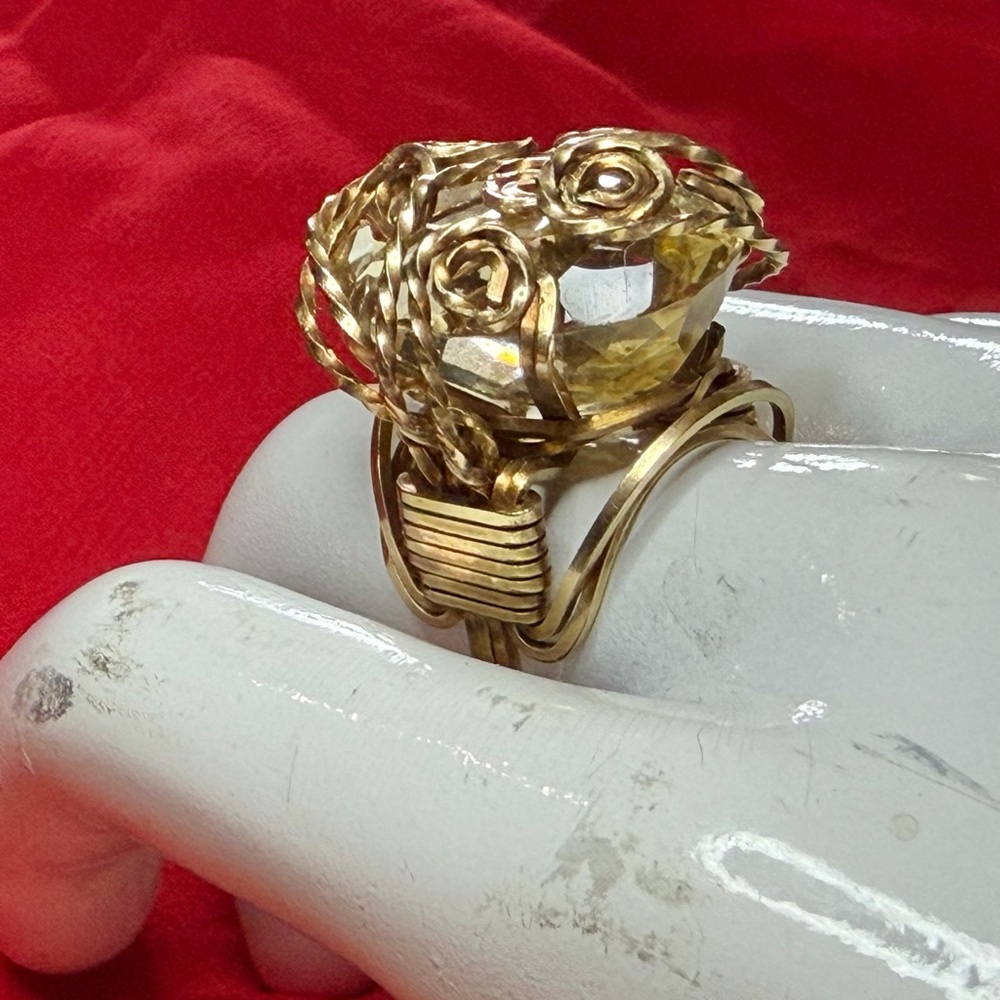 Vintage Ornate Chunky Gaudy Quartz Or Citrine Cocktail Ring Size 6 Retro Bling